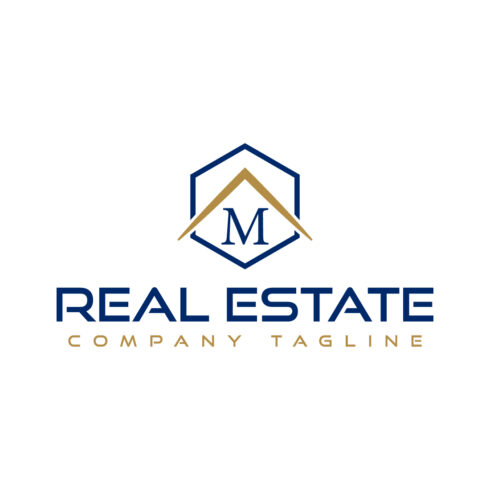 Real estate logo with golden, dark blue color and letter M cover image.