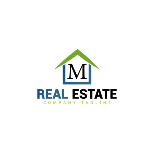 Real estate logo with green, dark blue color and M letter cover image.