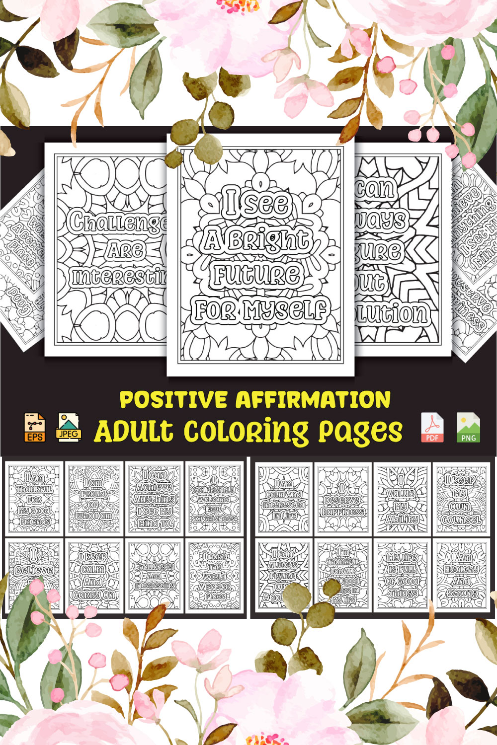 Positive Affirmation Coloring Pages for Adults KDP Coloring Book pinterest preview image.