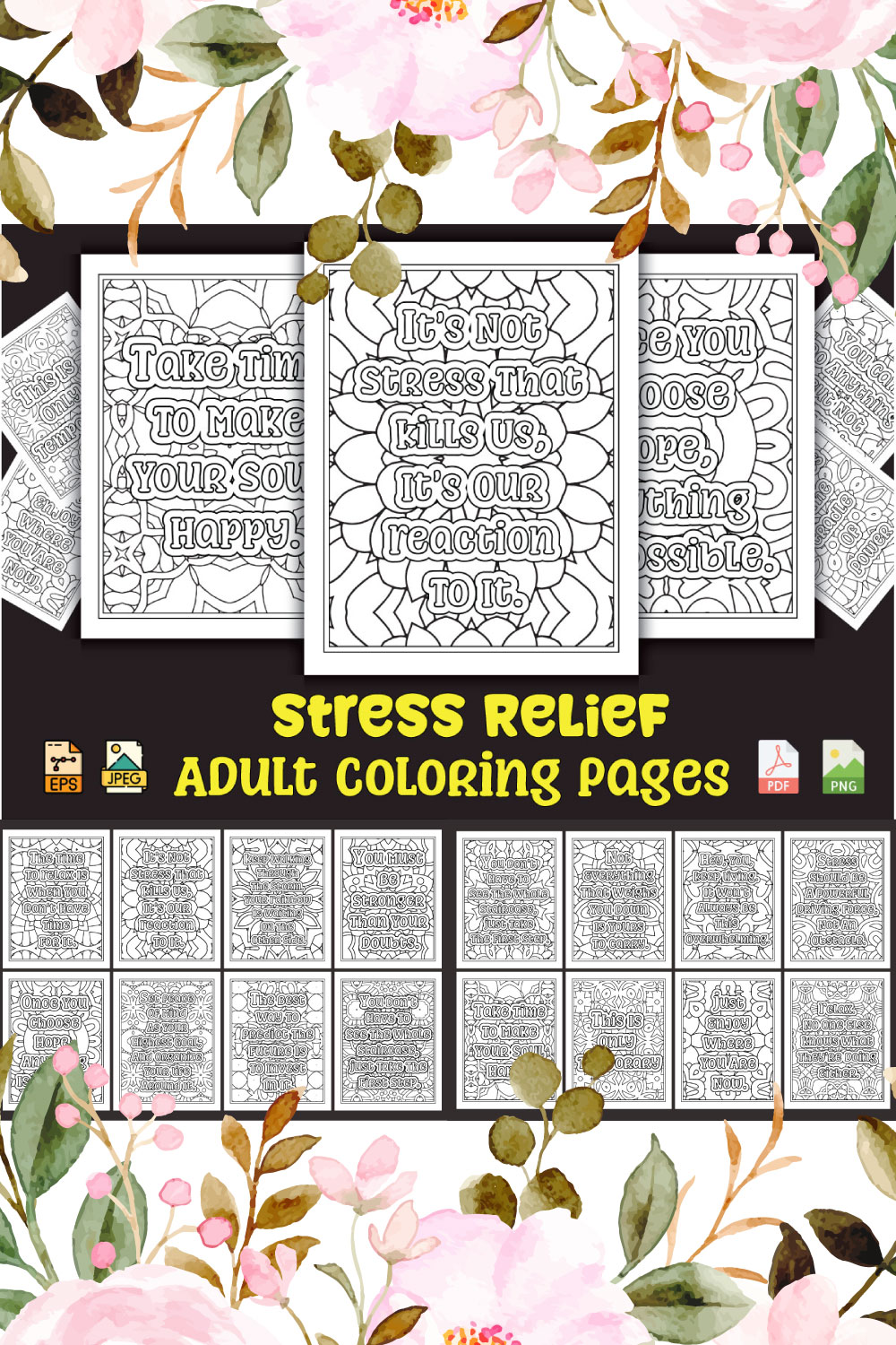 Stress Relief Coloring Pages for Adults KDP Coloring Book pinterest preview image.