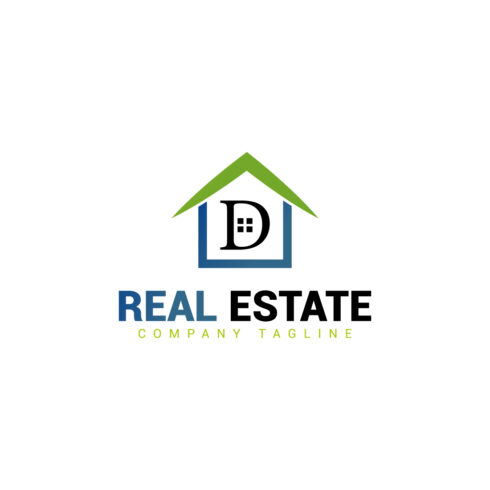 Real estate logo with green, dark blue color and D letter cover image.