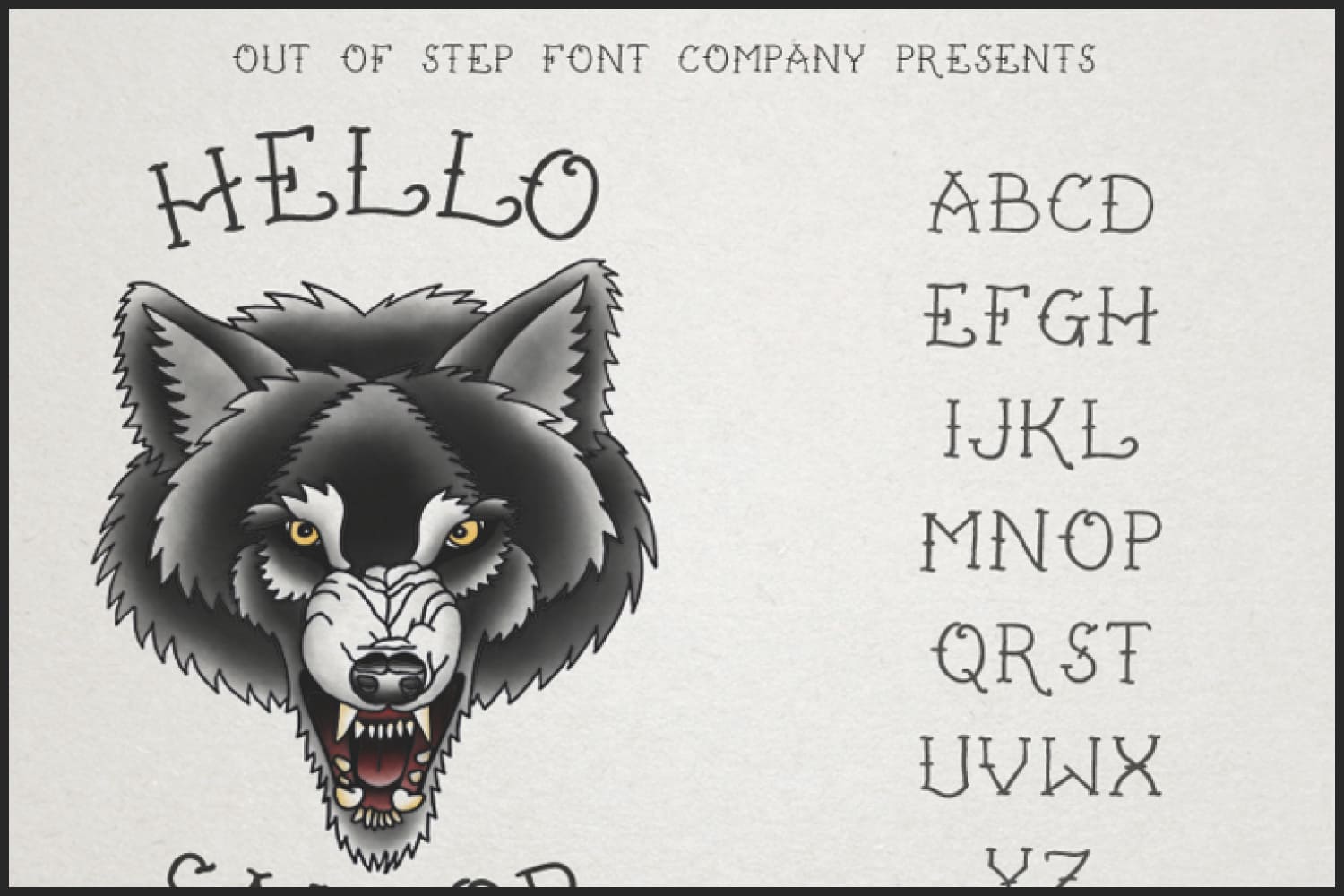 The image of the wolf and the alphabet on a gray background.