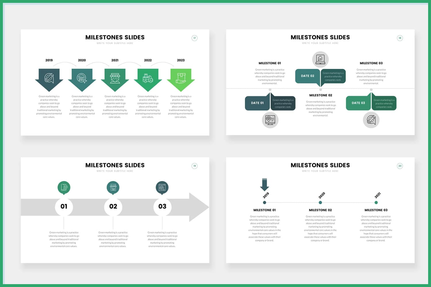 Collage of four pages of infographic options for milestones.
