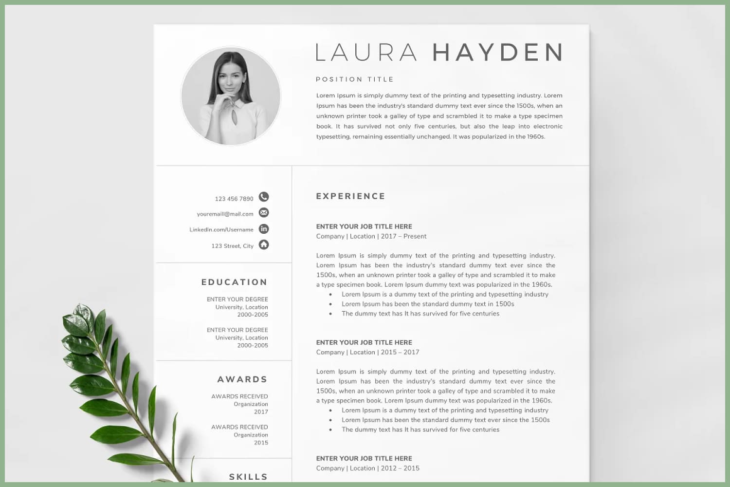 Resume page with round photo, two columns and twig with green leaves.