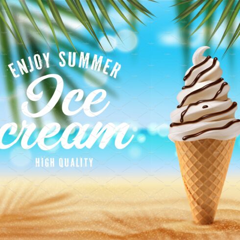 Vanilla ice cream cone on palm cover image.