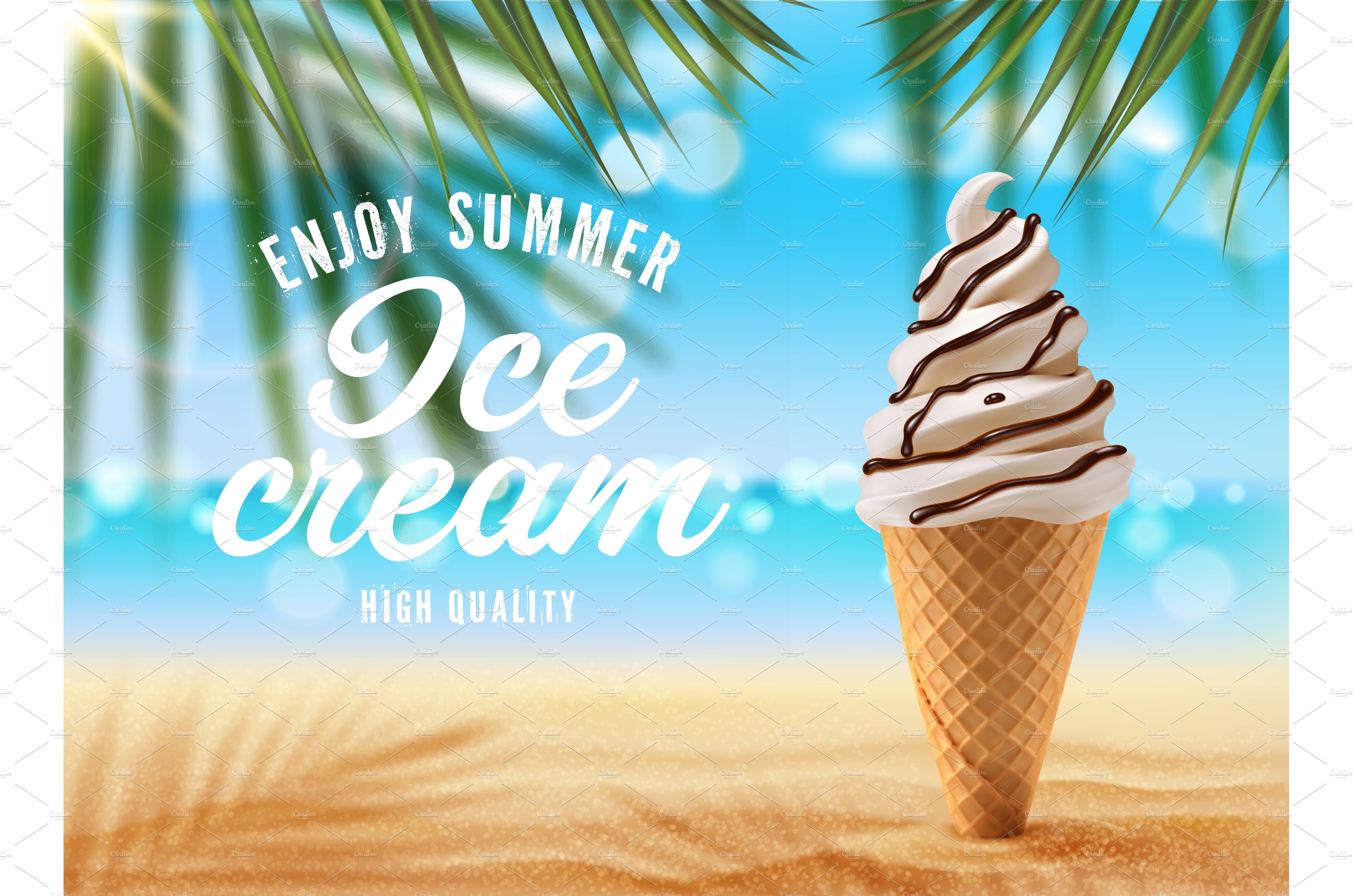 Vanilla ice cream cone on palm cover image.