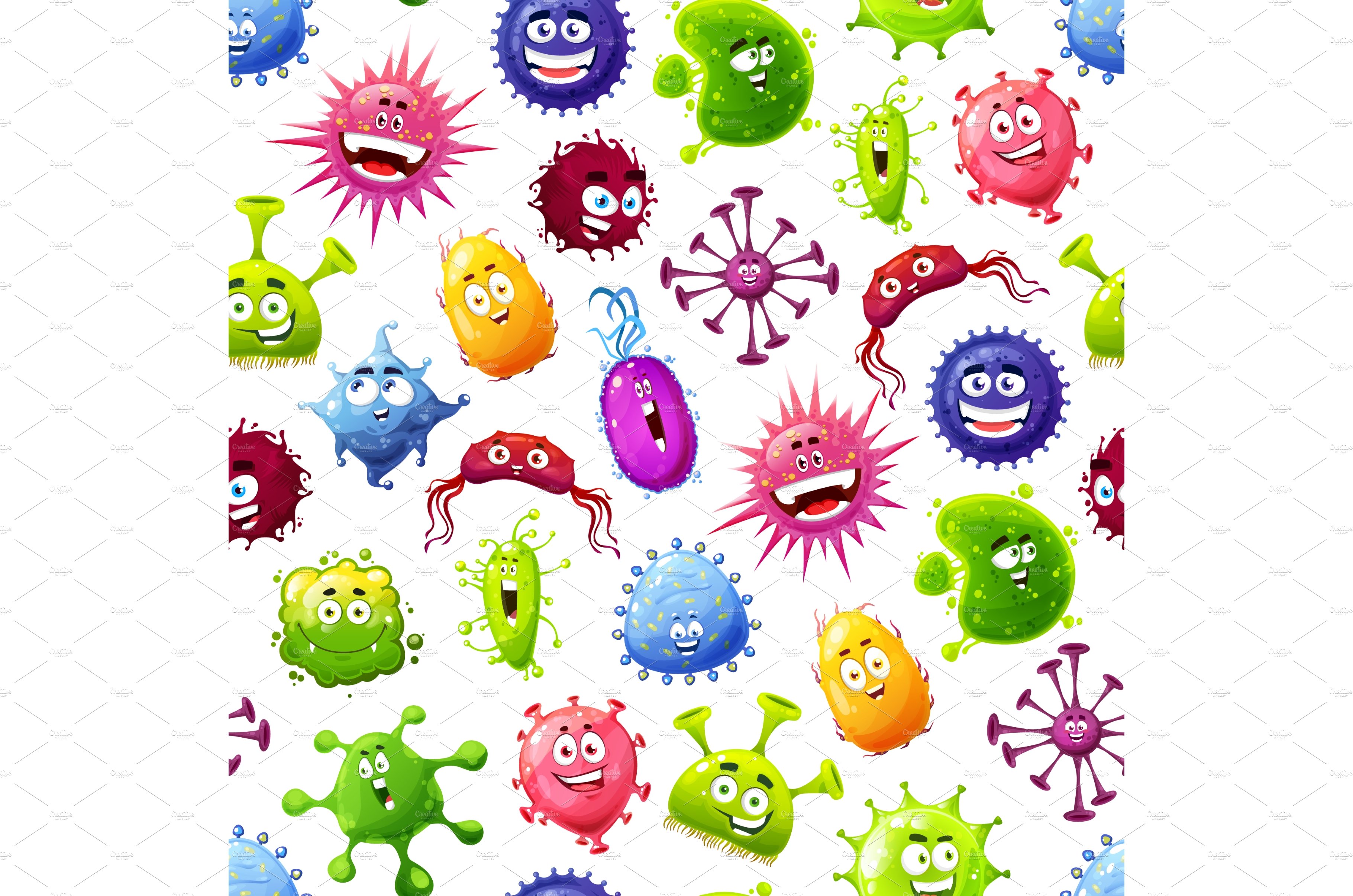 Cartoon viruses, microbes pattern cover image.