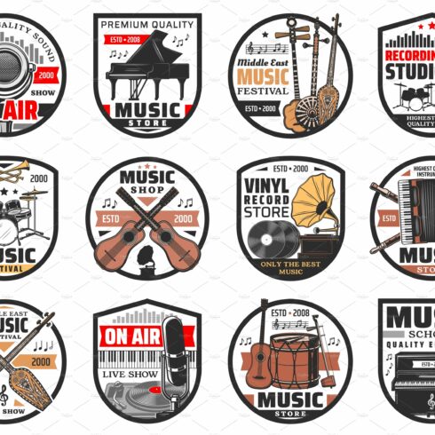 Music festival, instruments icons cover image.