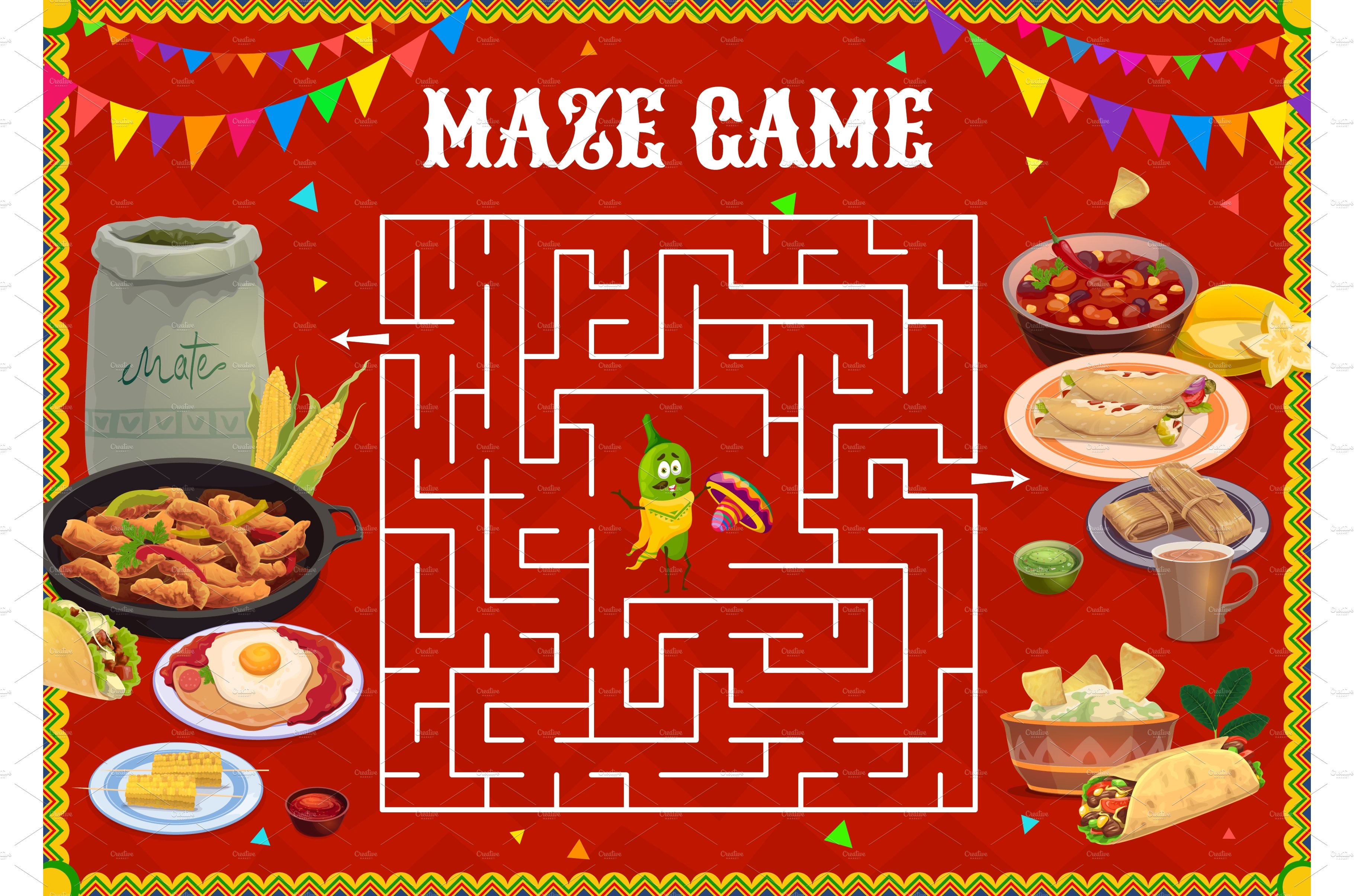 Labyrinth maze game, mexican food cover image.