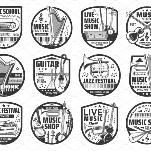 Music show, jazz festival icons cover image.