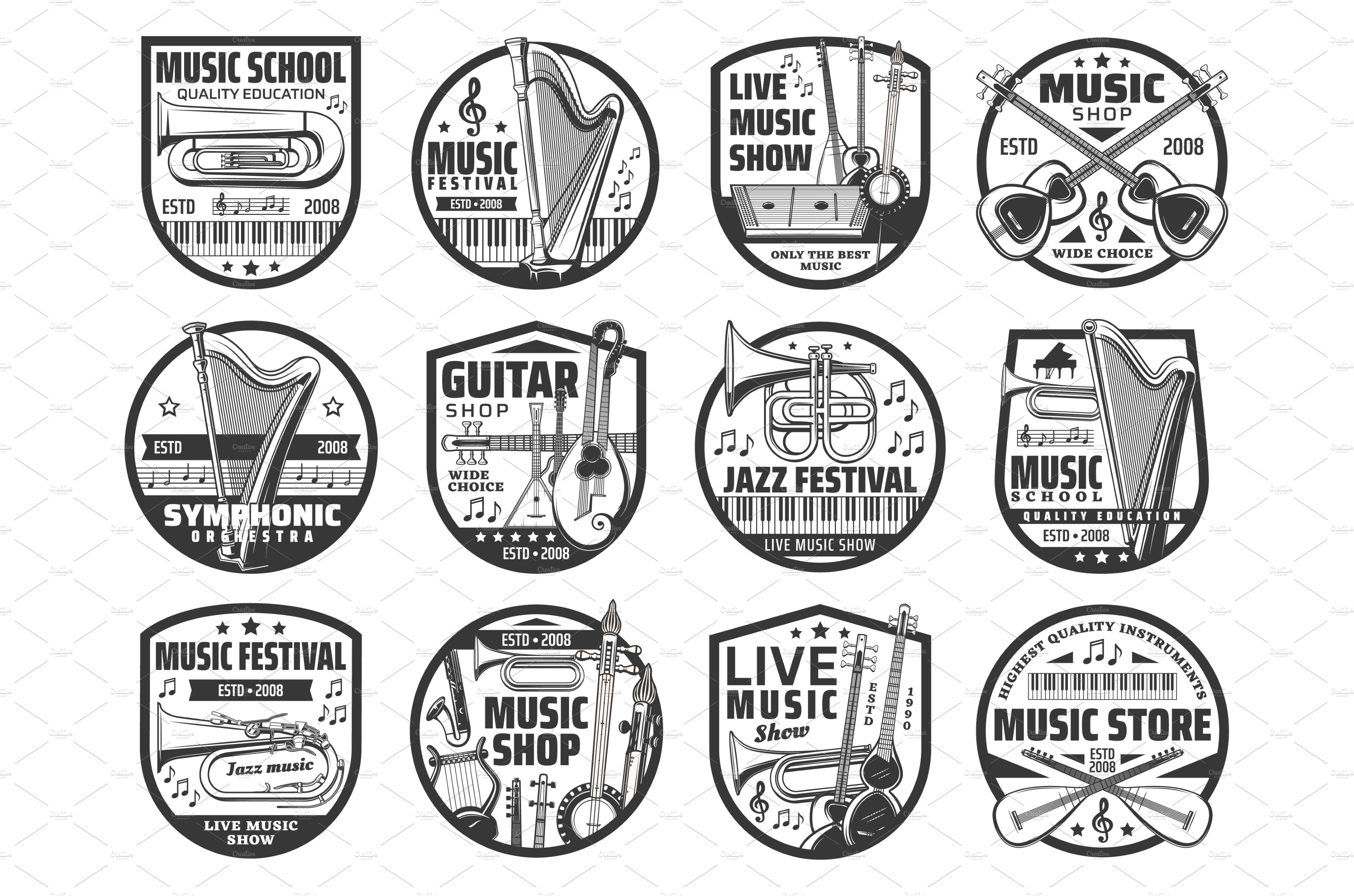 Music show, jazz festival icons cover image.