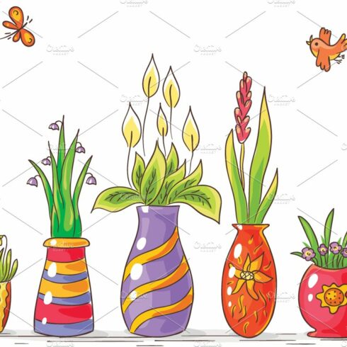 Colorful Vases with Flowers in a Row cover image.