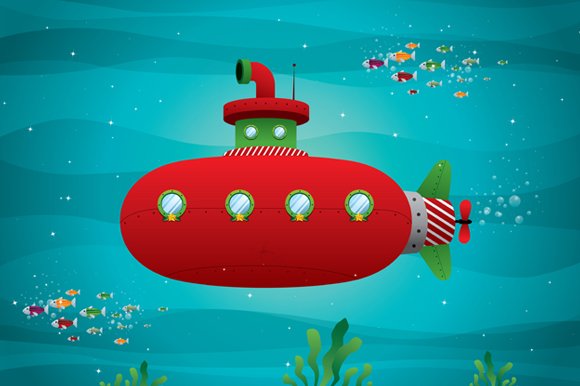 red submarine in the ocean vector cover image.
