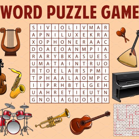 Musical instruments word search cover image.