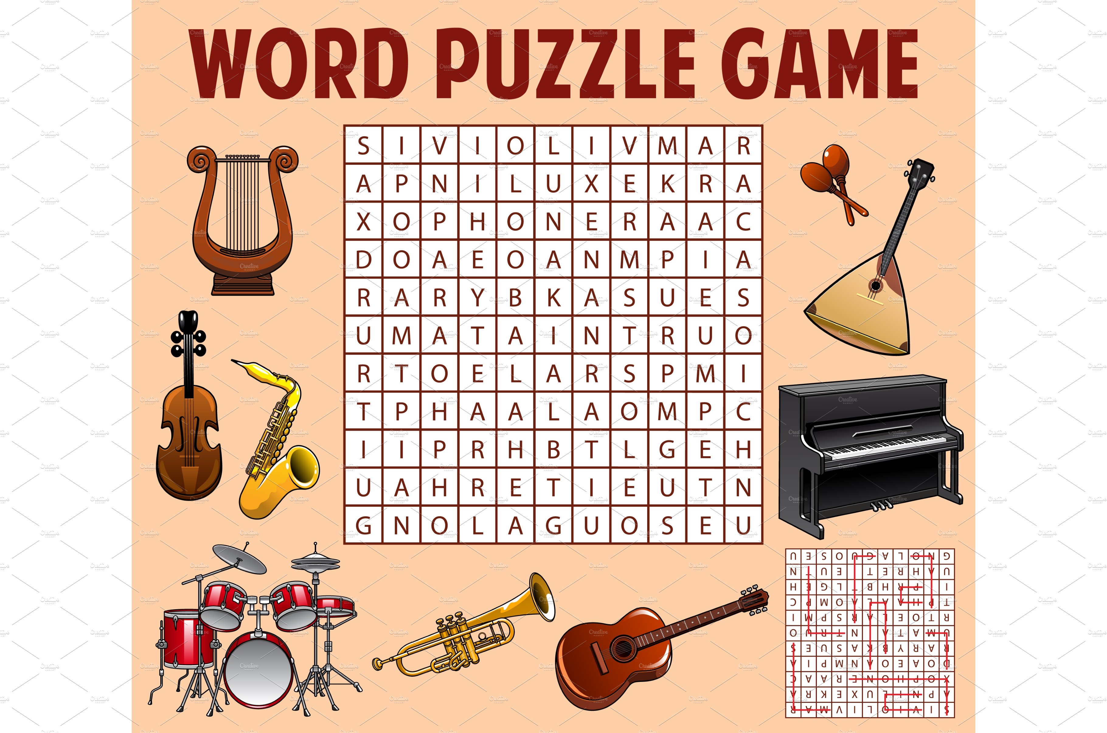 Musical instruments word search cover image.