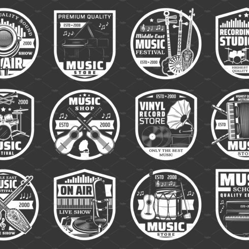 Music instruments, microphone badges cover image.