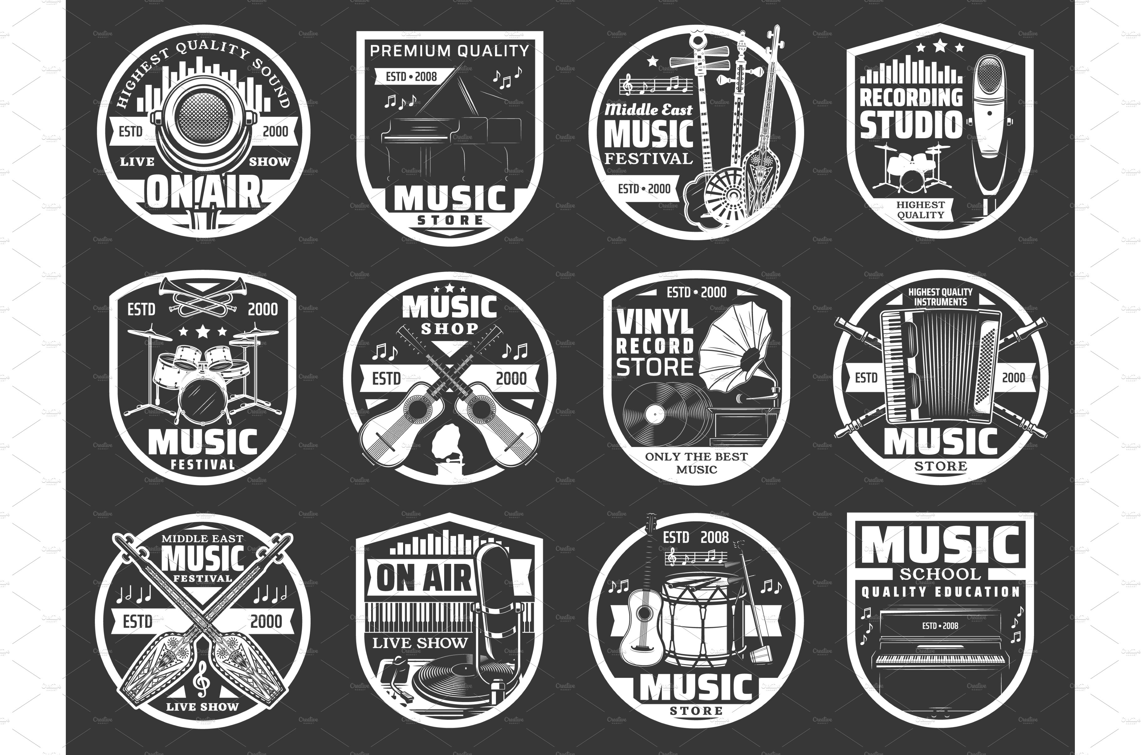 Music instruments, microphone badges cover image.