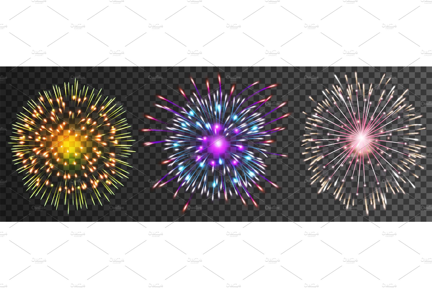Set of isolated vector fireworks cover image.