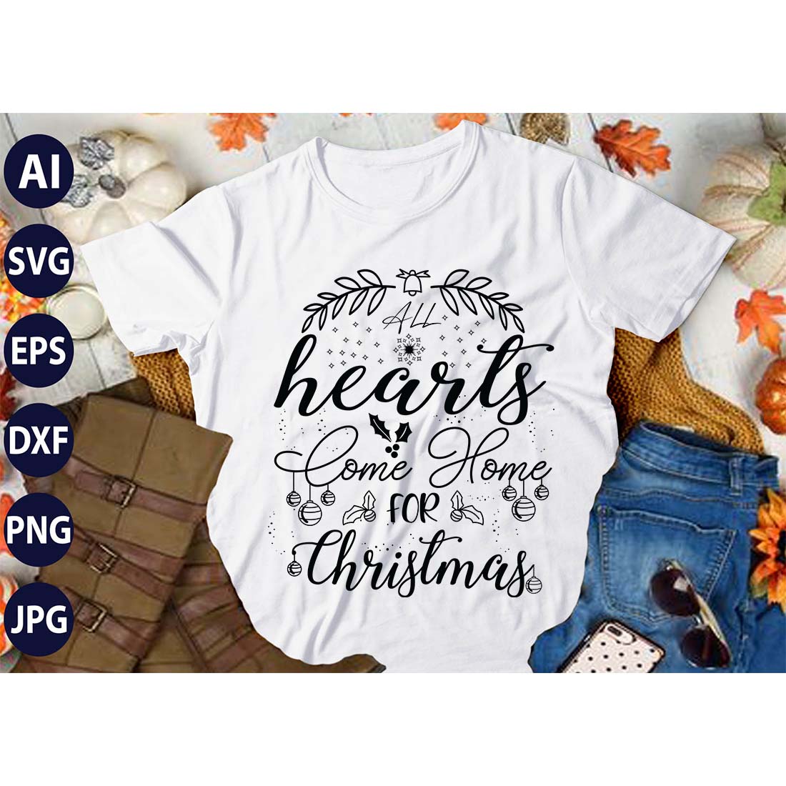 All Hearts Come Home For Christmas, SVG T-Shirt Design |Christmas Retro It's All About Jesus Typography Tshirt Design | Ai, Svg, Eps, Dxf, Jpeg, Png, Instant download T-Shirt | 100% print-ready Digital vector file preview image.