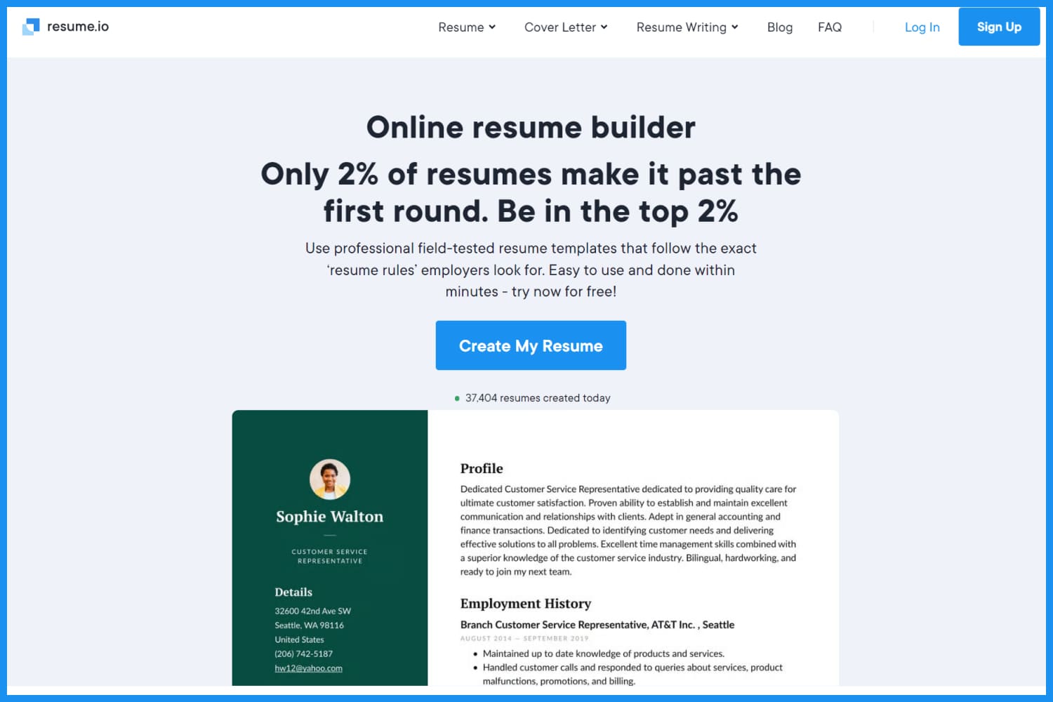 Screenshot of the Resume.io website.
