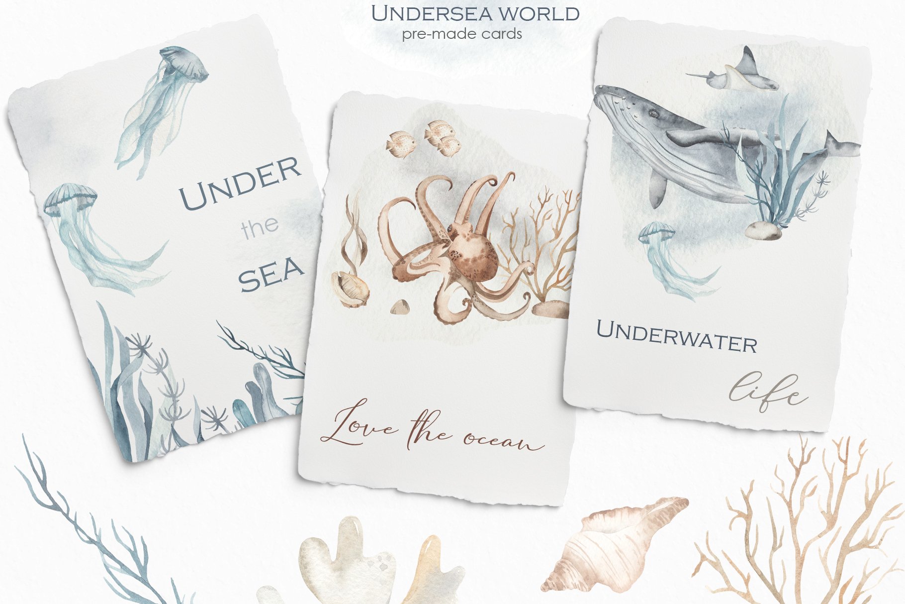 6 watercolor underwater world pre made cards 227