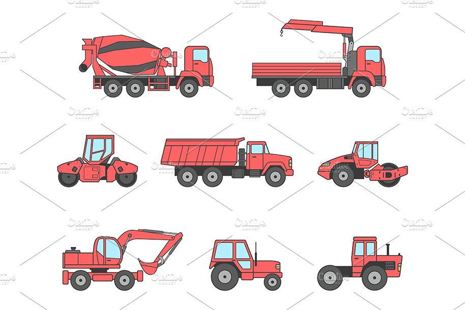 Construction machines icons set preview image.
