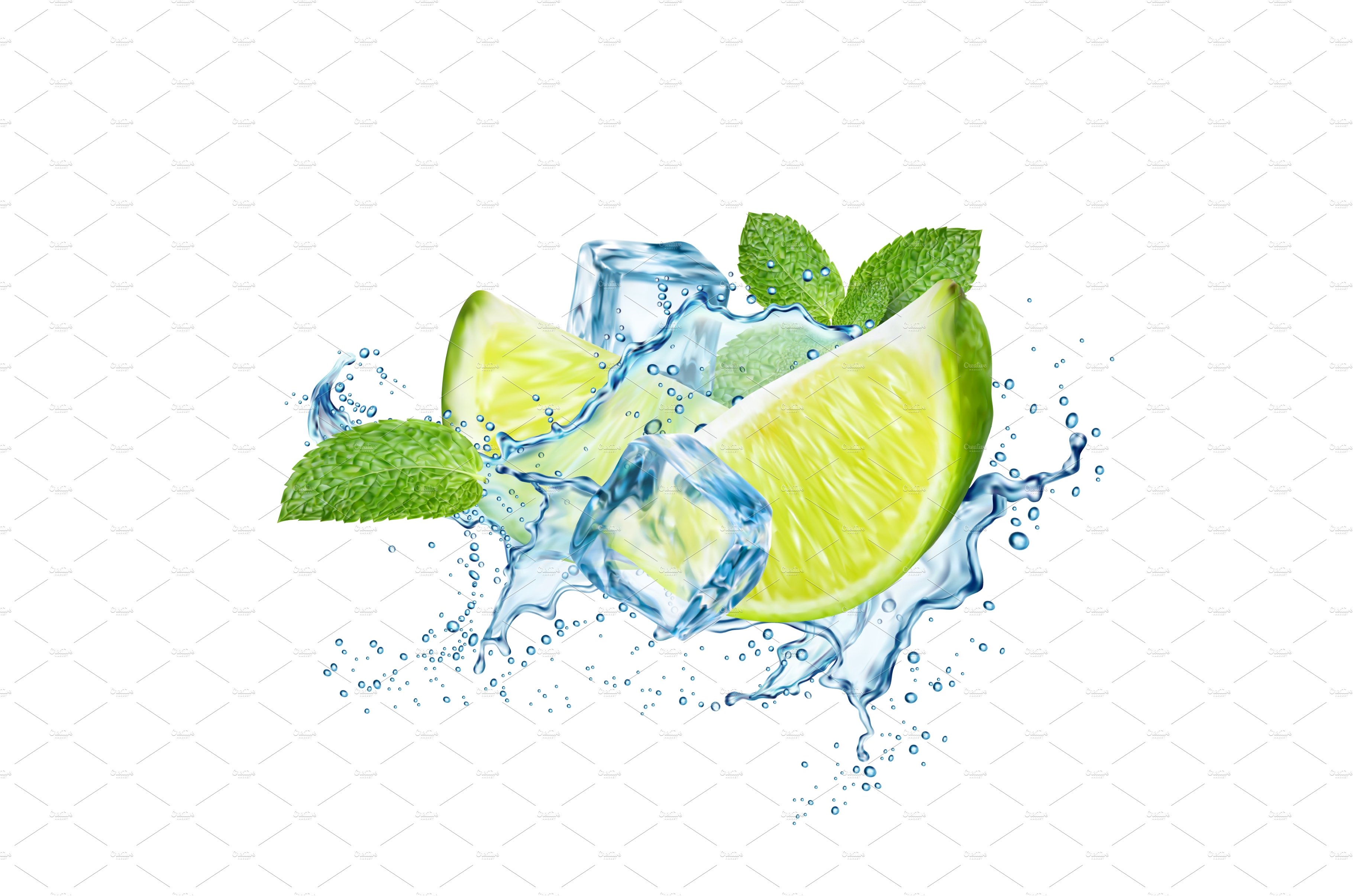 Ice cubes, splash, lime and mojito cover image.