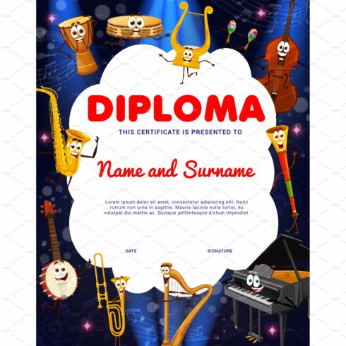 Kids diploma, musical characters cover image.