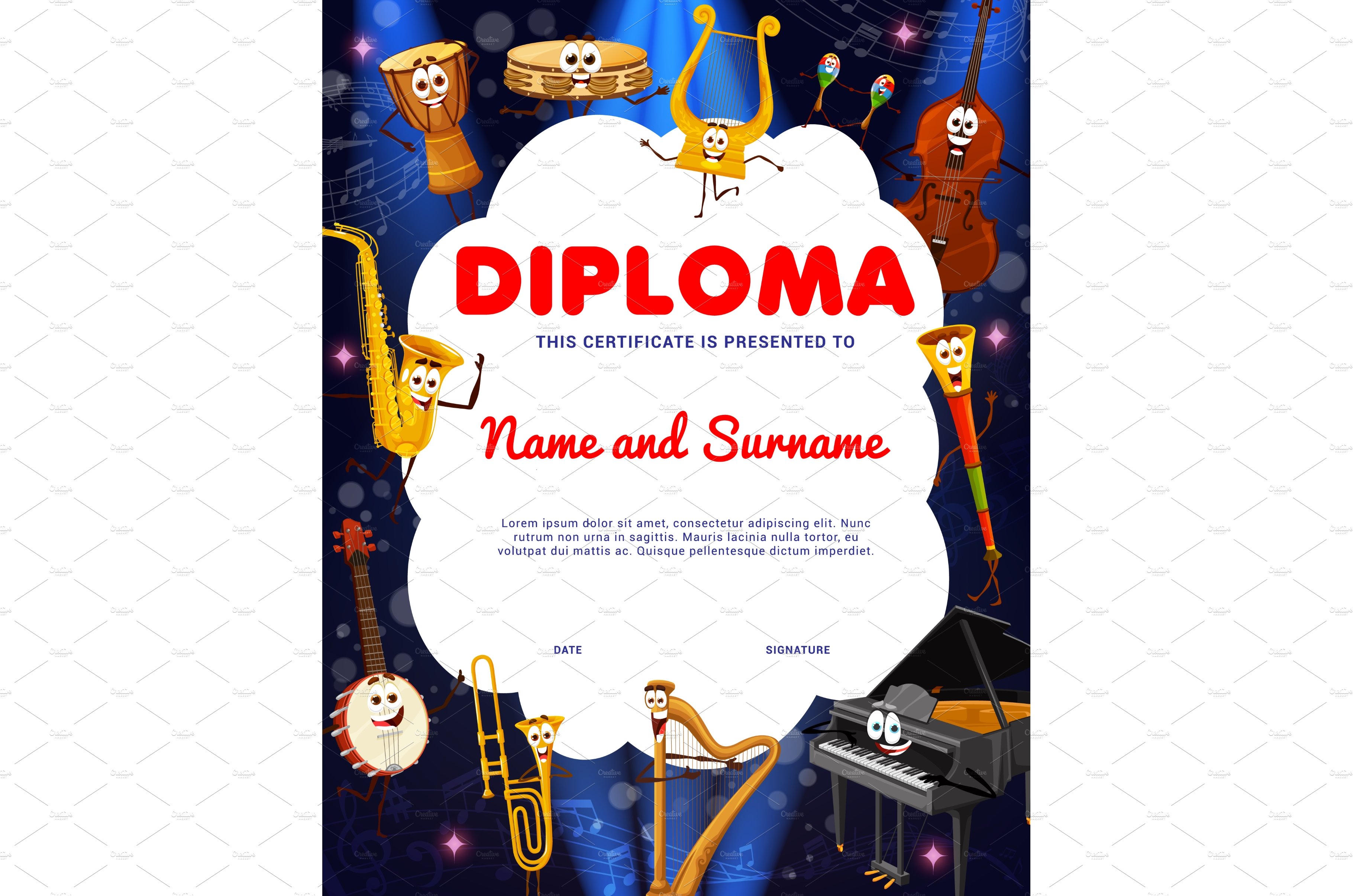 Kids diploma, musical characters cover image.