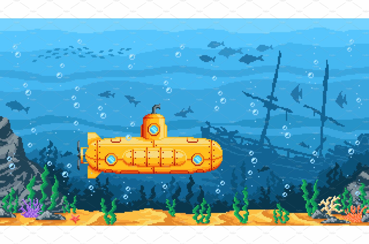 Pixel game submarine, underwater – MasterBundles
