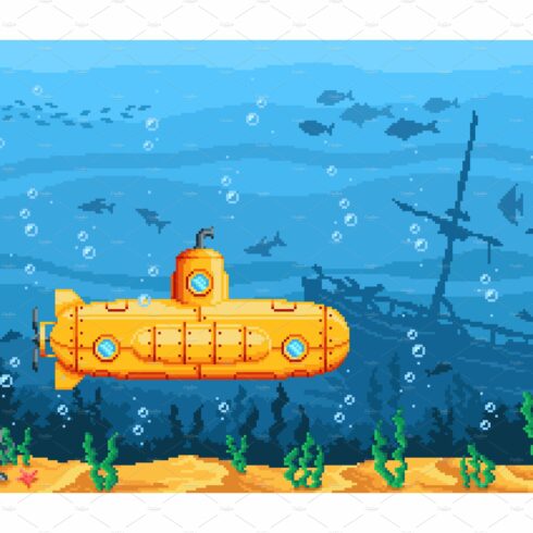 Pixel game submarine, underwater cover image.