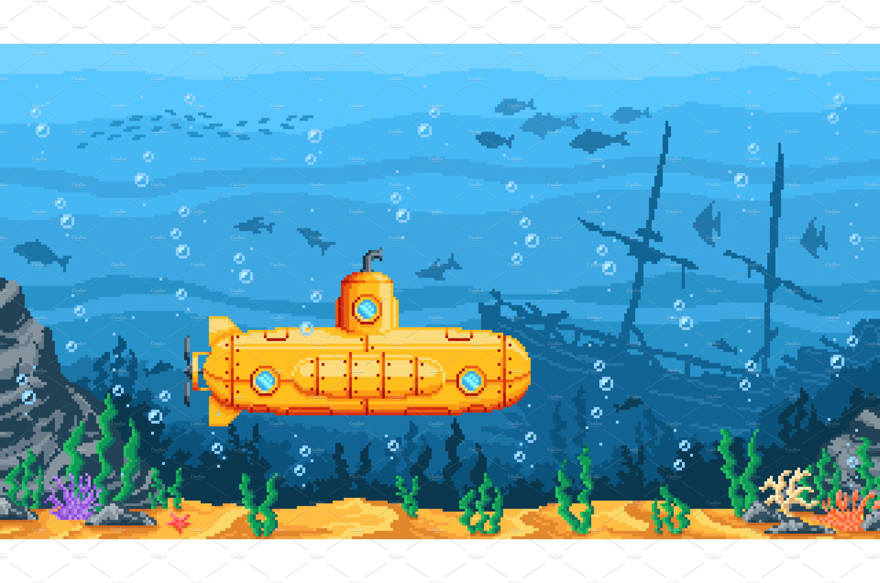 Pixel game submarine, underwater cover image.