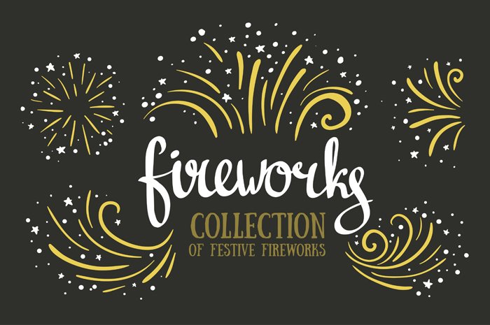 Hand drawn vector festive fireworks cover image.