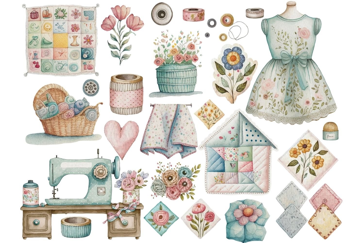 Watercolor Sewing Clipart preview image.