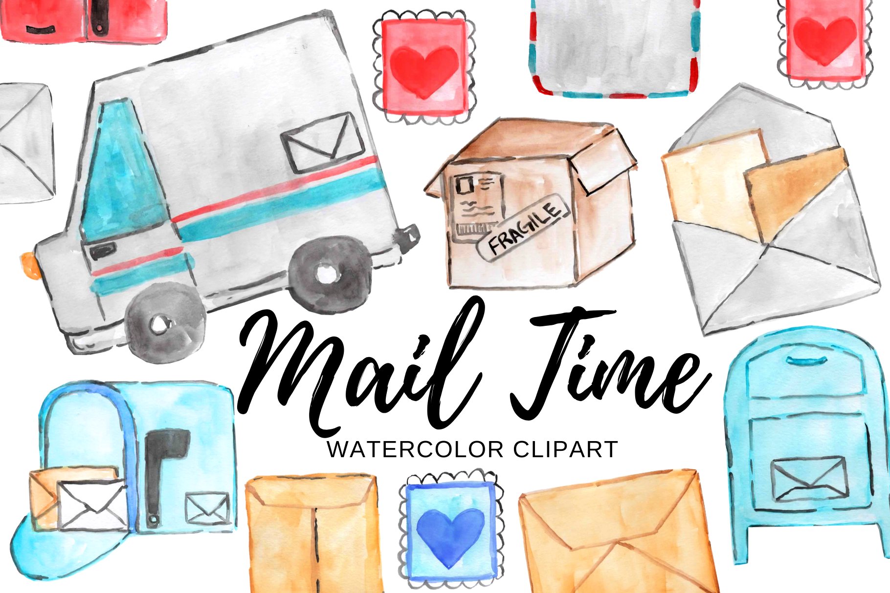 Watercolor mail man clipart cover image.