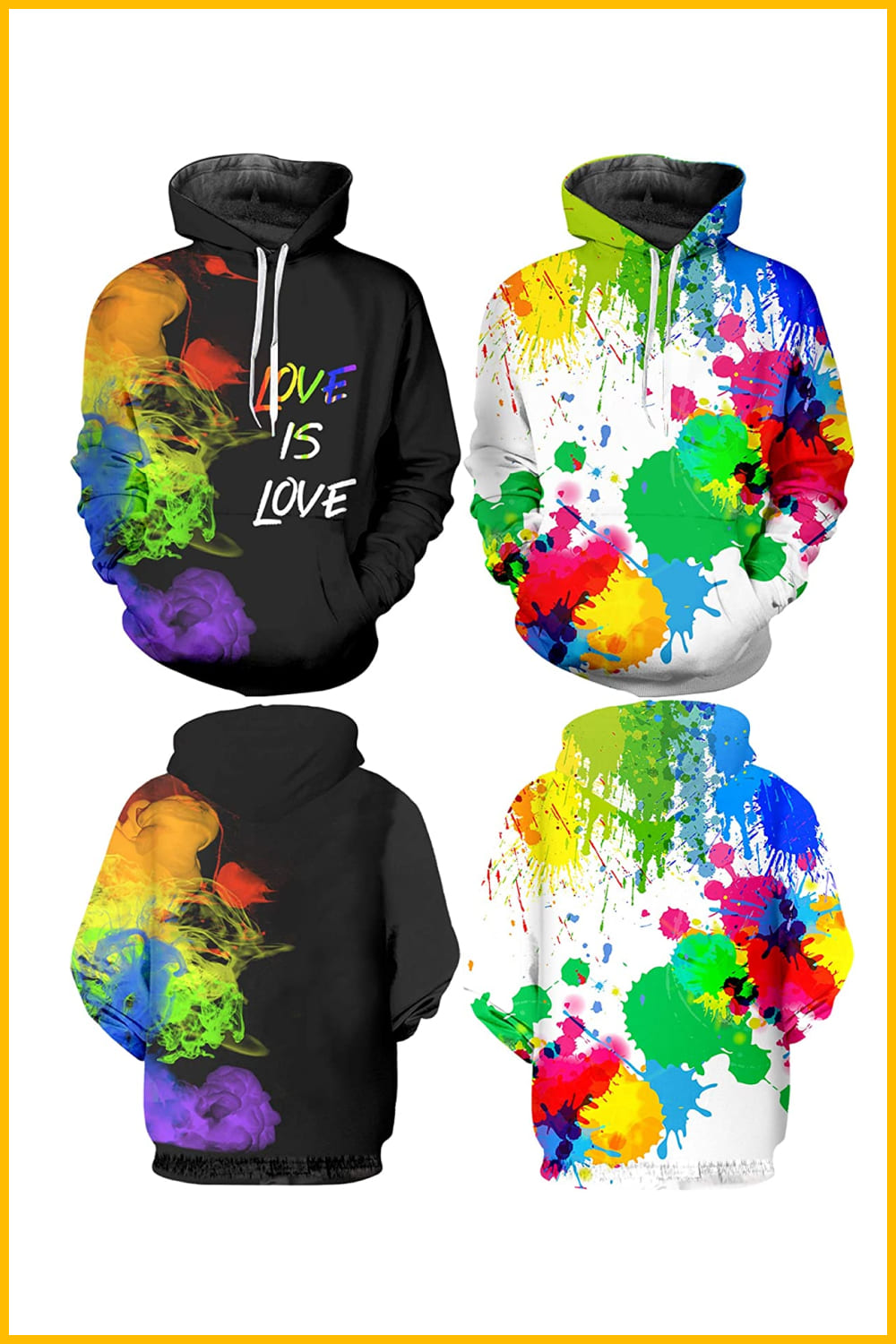 Collage of images of black and white hoodies with rainbow coloring.