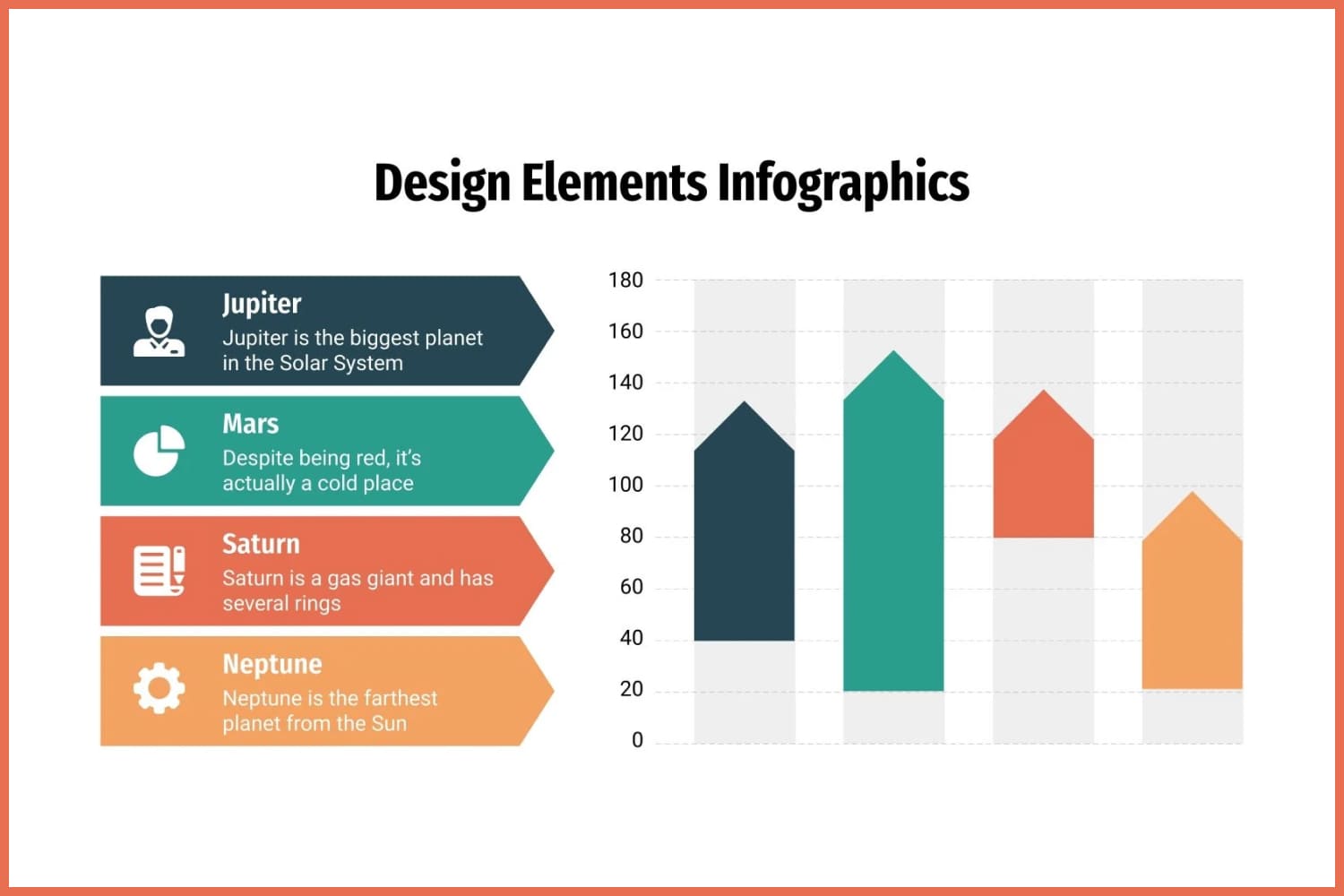 Infographic charts in the form of thick colored arrows.