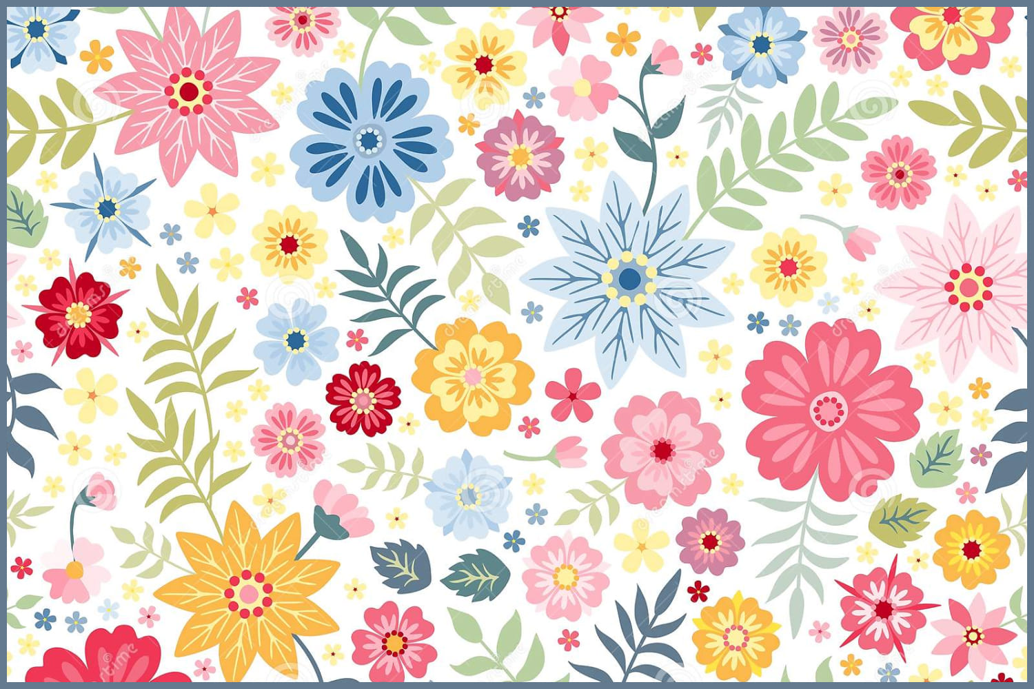 Multicolored drawn flowers of different shapes on a white background.