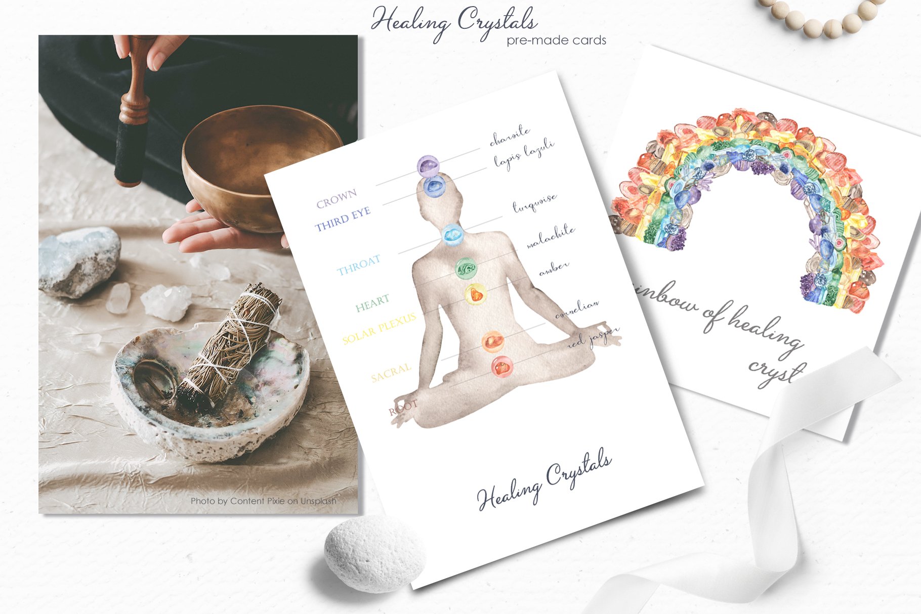 7 healing crystals watercolor premade cards 22