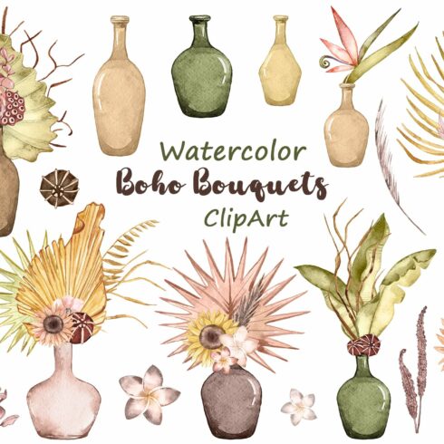 Watercolor Boho Bouquets in vase cover image.