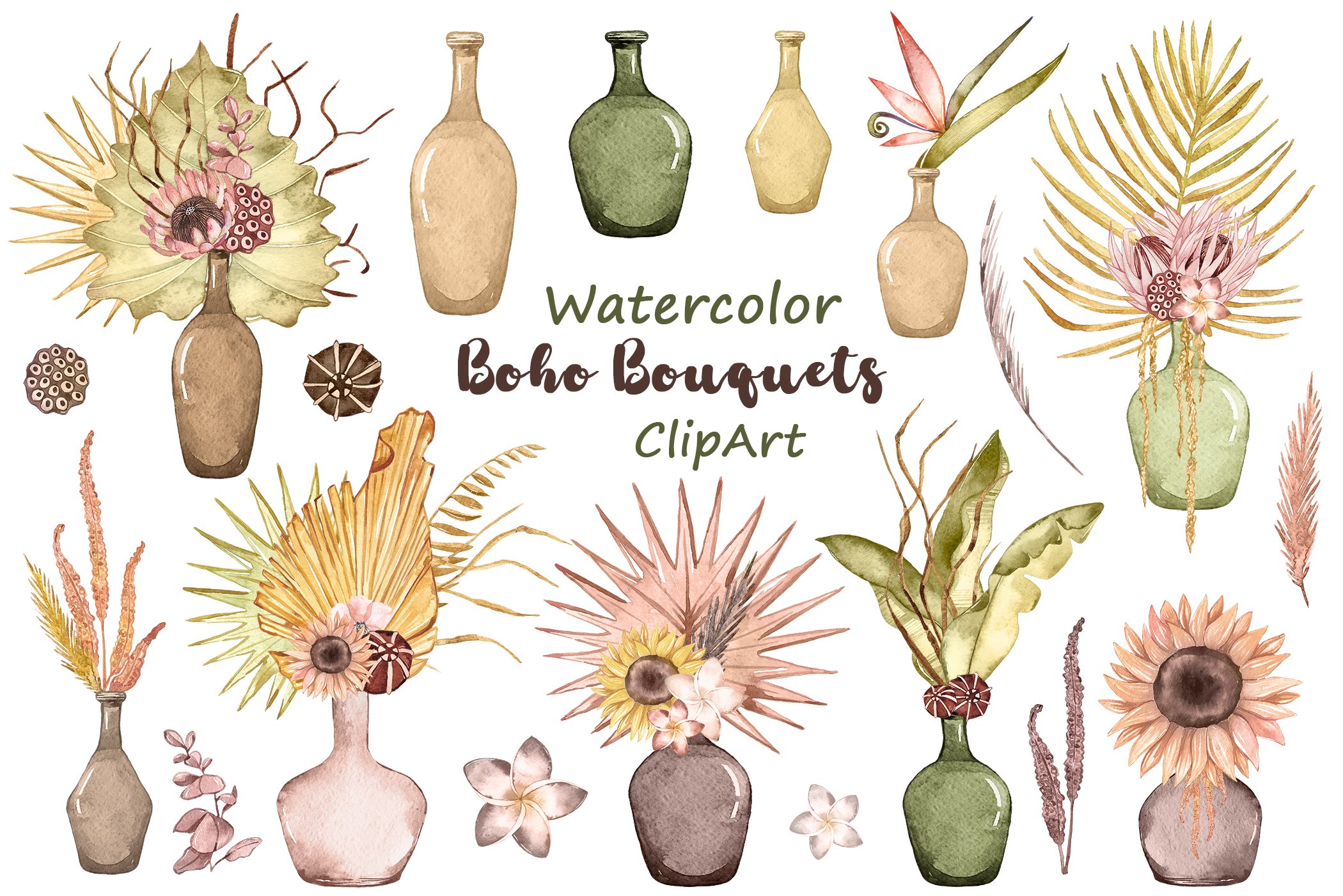 Watercolor Boho Bouquets in vase cover image.