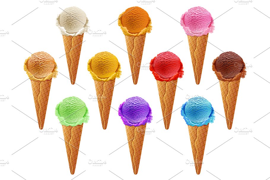 Various of ice cream flavor in cones cover image.