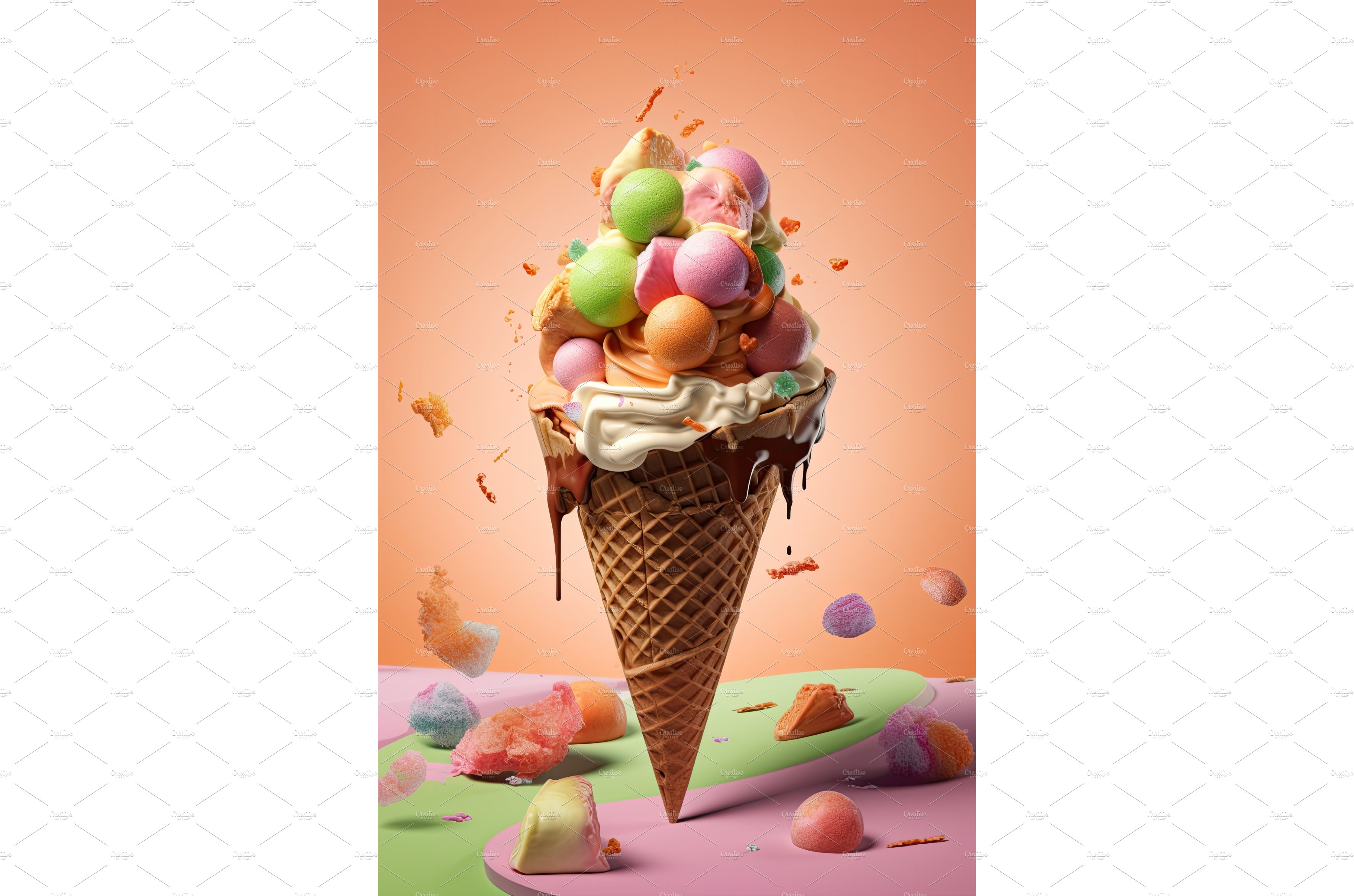 Ice cream in cone with chocolate cover image.