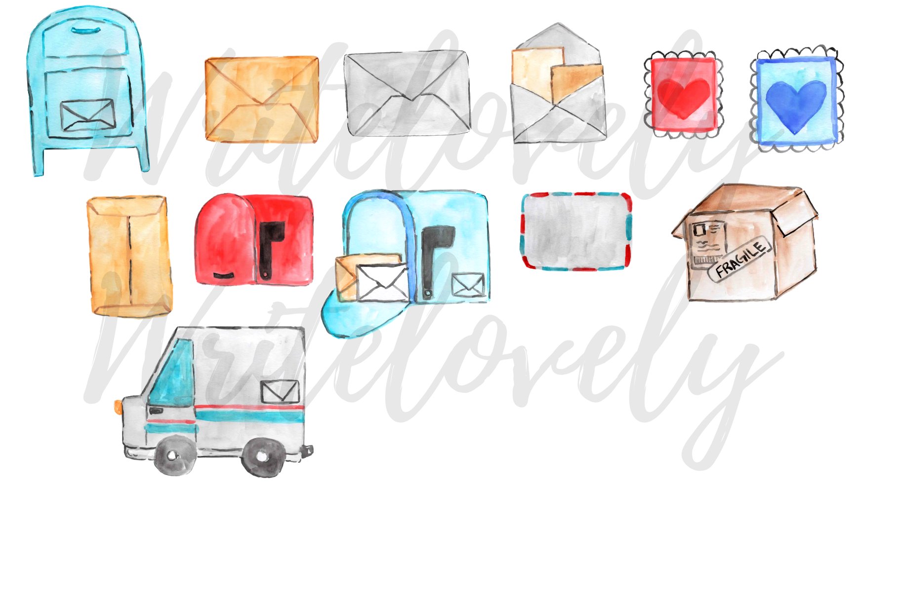 Watercolor mail man clipart preview image.