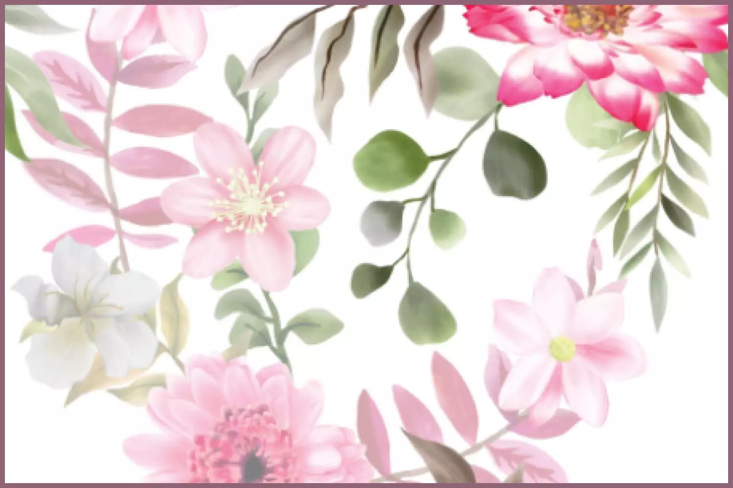 Pink flowers with green leaves painted in watercolor.