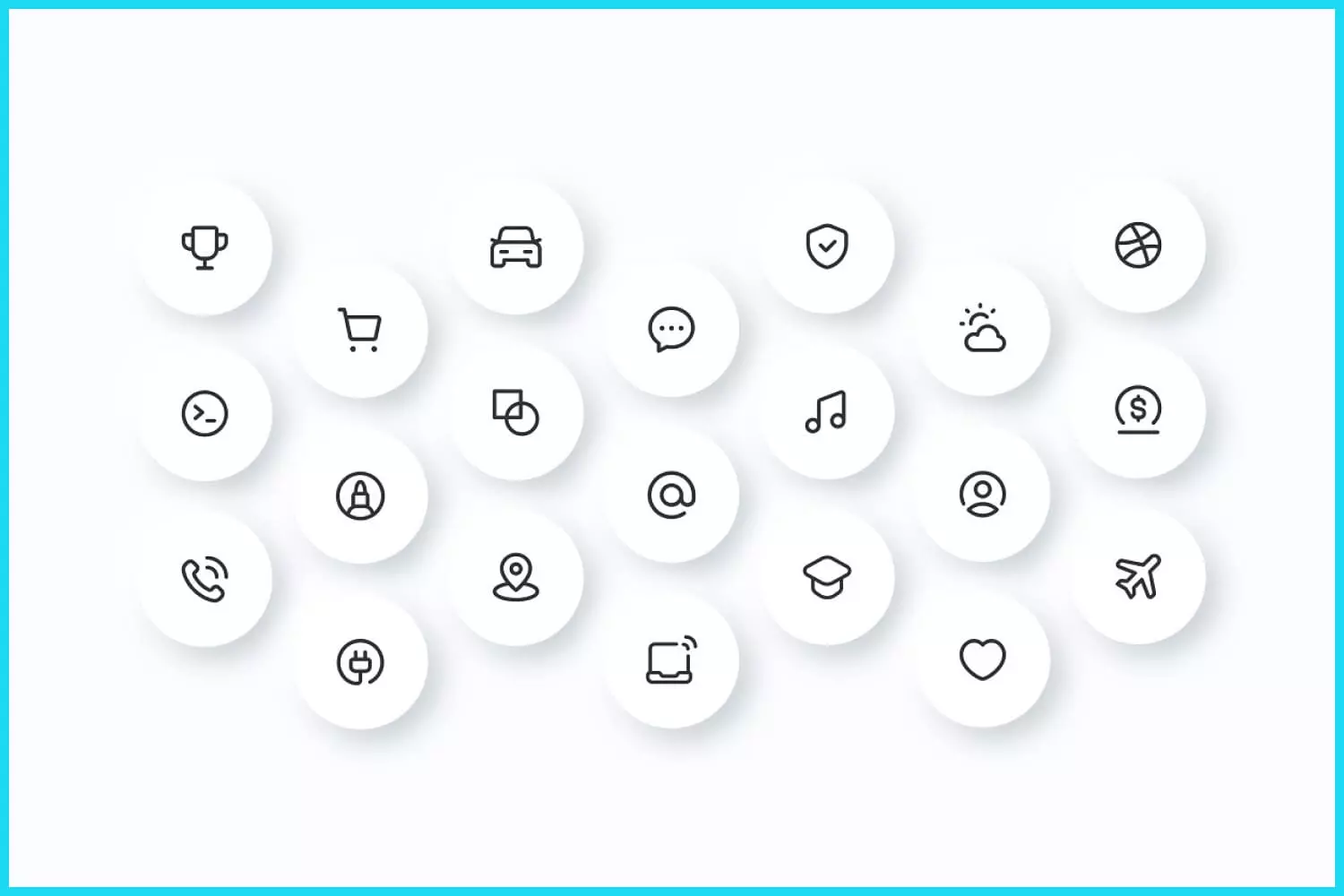 Minimalistic black icons in white circles.