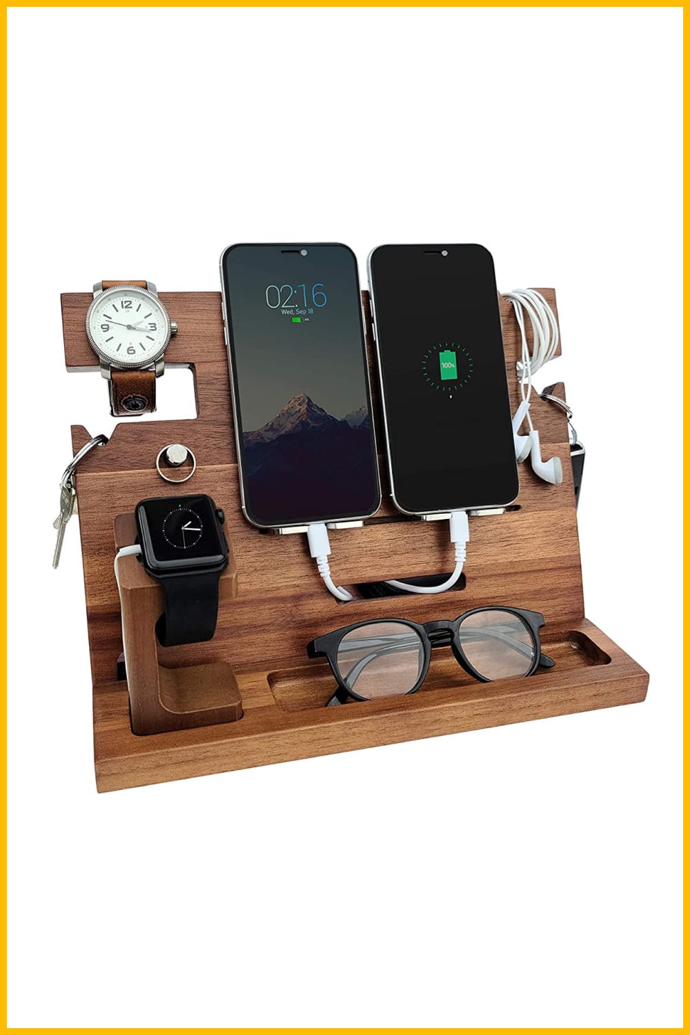 Docking station made of wood with two iPhones, a watch and glasses on it.
