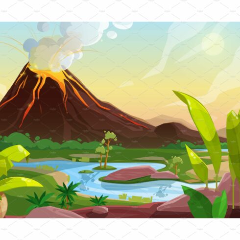 Volcano eruption cartoon background cover image.
