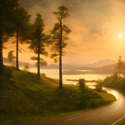 Empty road between trees in sunset cover image.