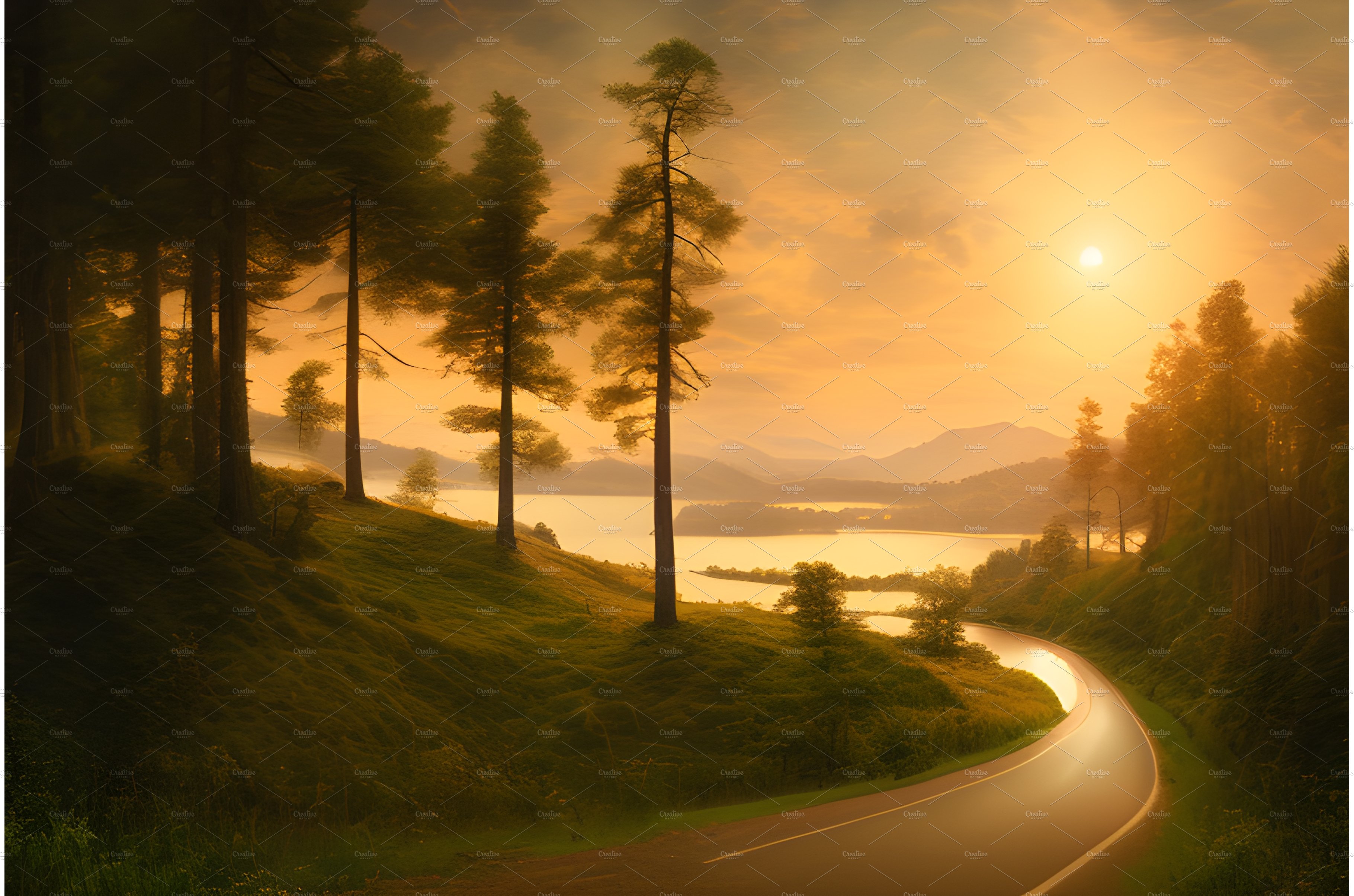 Empty road between trees in sunset cover image.